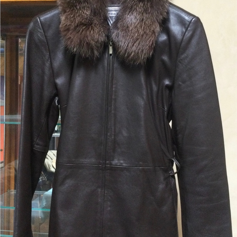 Lucious Dark Brown Leather coat with Authentic Fox Fur Removable Collar